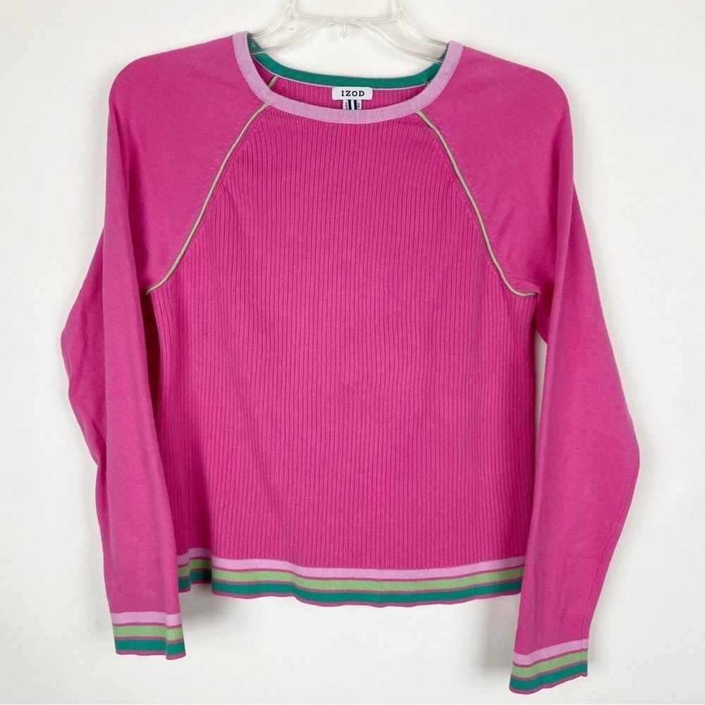 IZOD Ribbed‎ Raglan Striped Trim Pullover Sweater Womens Medium Pink